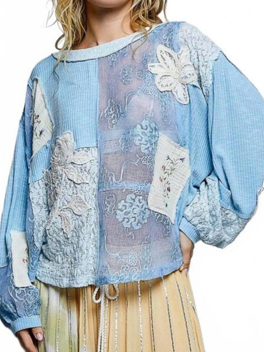POL NWOT Light Blue Patchwork Lace Embroidered Women's Sweatshirt